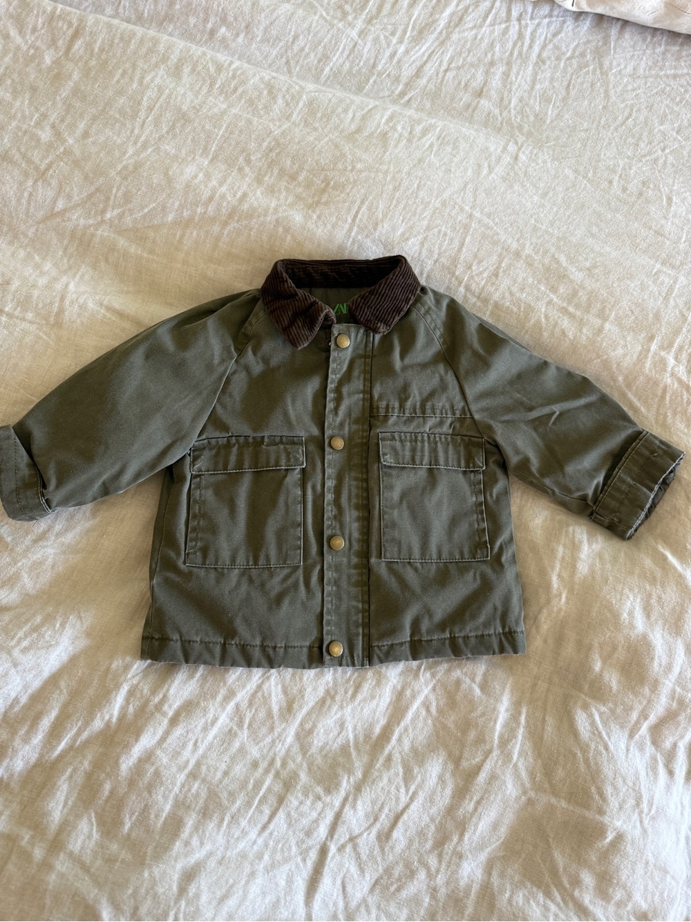 Zara Kids khaki Green barn coat wax Jacket Brown Corduroy Collar fleece lined